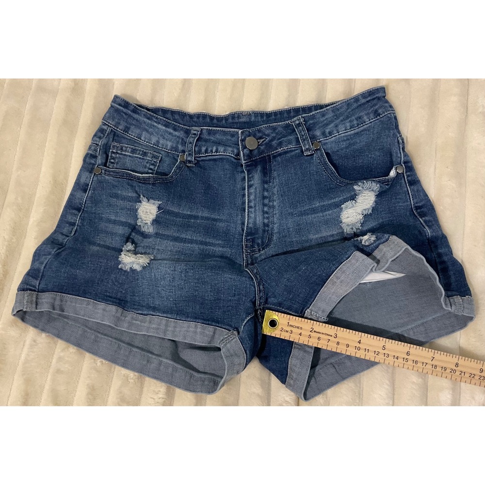 Womens Distressed Medium Wash Cuffed Denim Jean Shorts Size M Blue Mid Rise - Picture 6 of 6